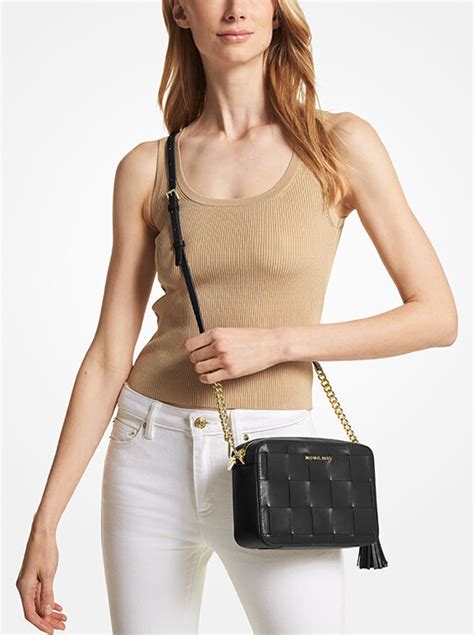 Ginny Medium Woven Leather Crossbody Bag 